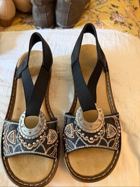 Rieker Black Embellished Slingback Sandals with Silver Accents